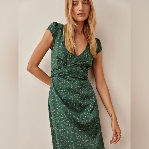New! Reformation Kaye Silk Green Corriander Floral Midi Dress 🌿 size 6 - Picture 4 of 11
